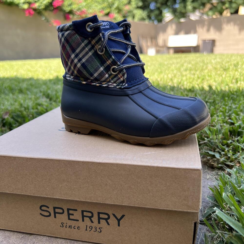 Sperry Port Boot Boots Girls Size 9M Plaid Navy Duck Rain Top-Sider Winter